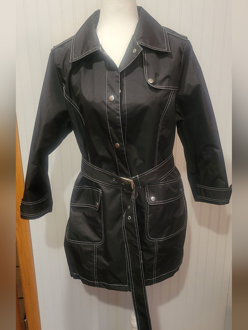 Size Lg Like New Jaclyn Smith Black Belted Trench Coat with Contrast Stitching